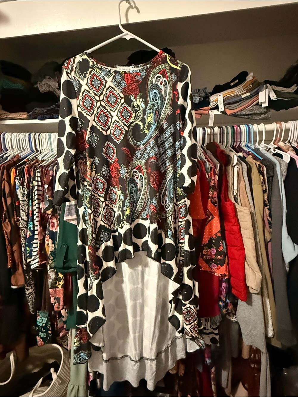 Paisley Mix Off-the-Shoulder High-Low Sweater - Black/Multi